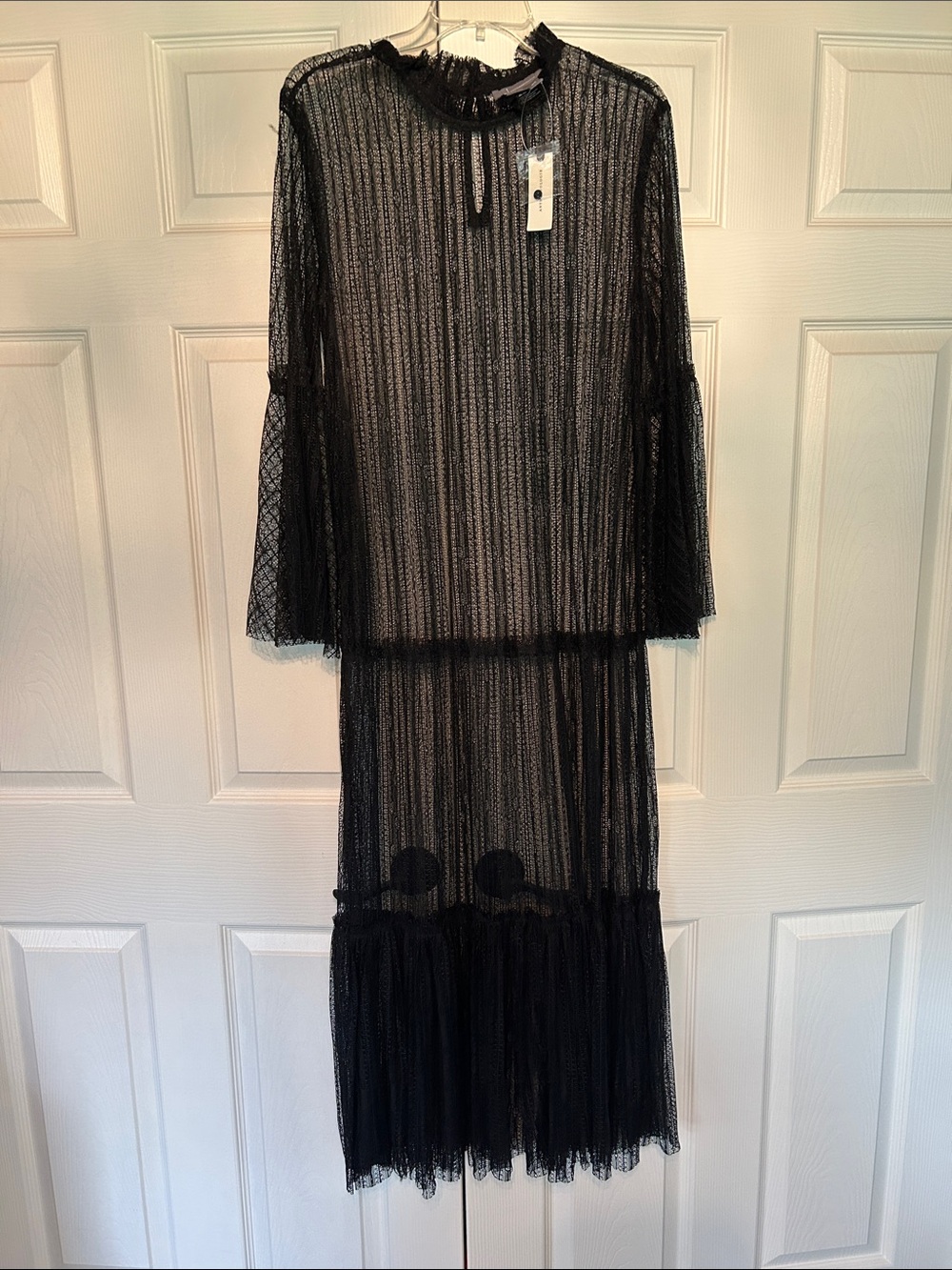 Sheer Black Lace Midi Dress with Ruffle Collar